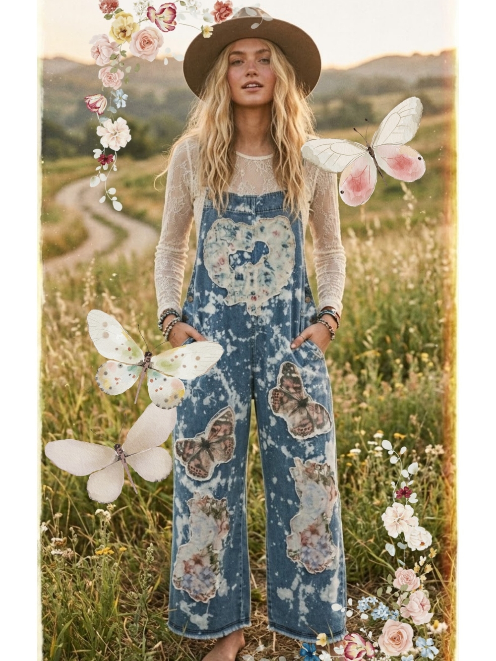 COMING SOON ❣️ Boho Blue Tie-Dye Denim Overalls with Butterfly Appliqué